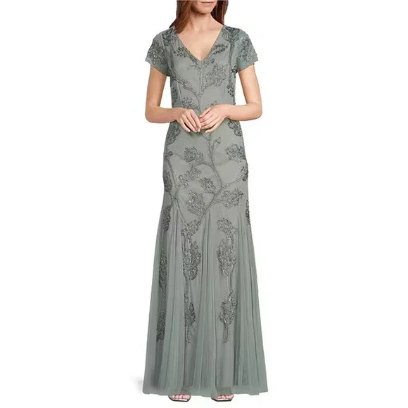 MARINA Dresses Mesh Vneck Cap Sleeve Soutache Vine Beading